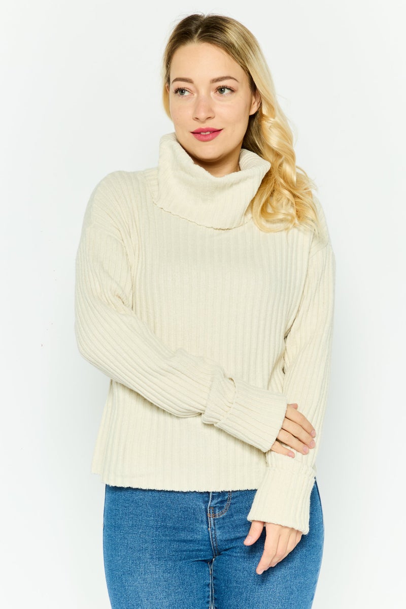 DEX Women Turtle Neck Knit Rib Sweater, Beige - Image 1